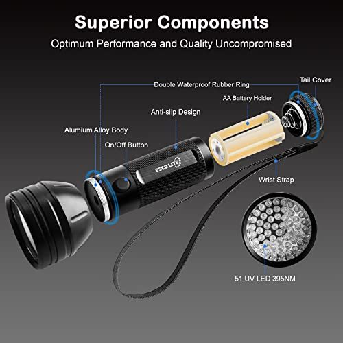 Escolite UV Flashlight Black Light, 51 LED 395 nM Ultraviolet Blacklight Detector