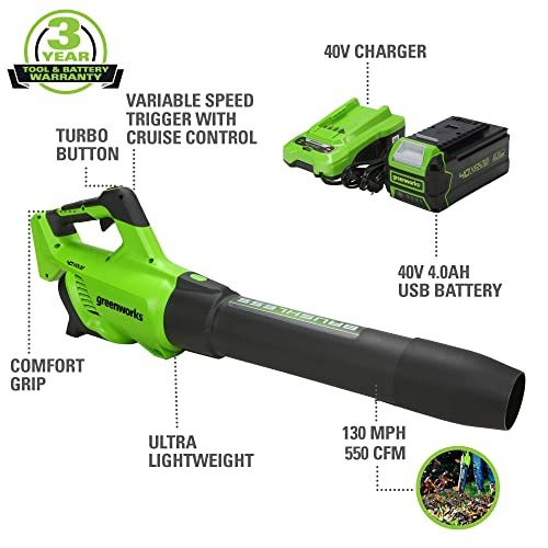 Greenworks 40V (130 MPH / 550 CFM / 75+ Compatible Tools) Cordless Brushless Axial Leaf Blower