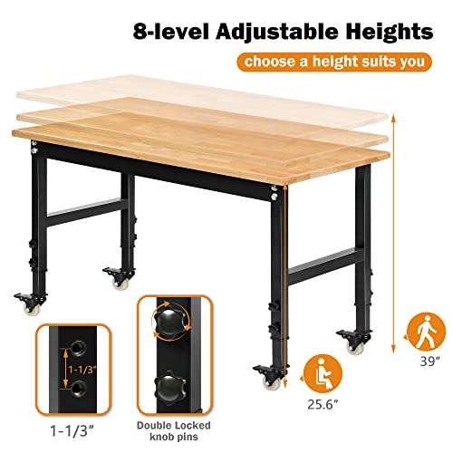 Betterhood 48" Heavy-Duty Adjustable Workbench for Garage, Rubber Wood Shop Table