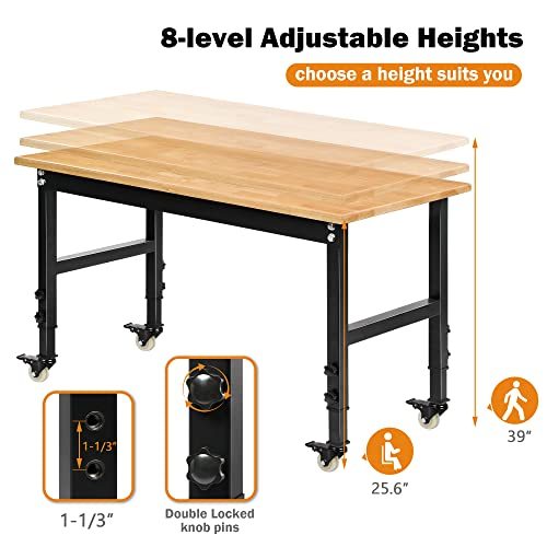 Betterhood 48" Heavy-Duty Adjustable Workbench for Garage, Rubber Wood Shop Table