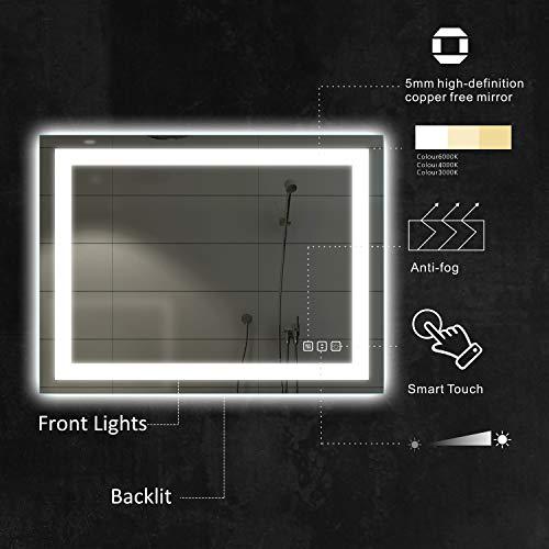 Amorho LED Vanity Bathroom Mirror 40"x 32" with Front and Backlit, Stepless Dimmable Double Wall Mirror