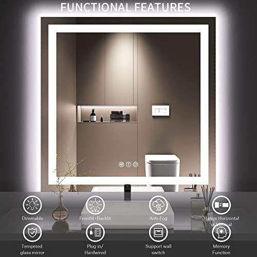 LOAAO 36X36 LED Bathroom Mirror with Lights, Anti-Fog, Dimmable, Backlit + Front Lit