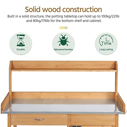 Yaheetech Outdoor Garden Potting Bench Table Work Bench Metal Tabletop W/Cabinet Drawer Open Shelf Natural Wood