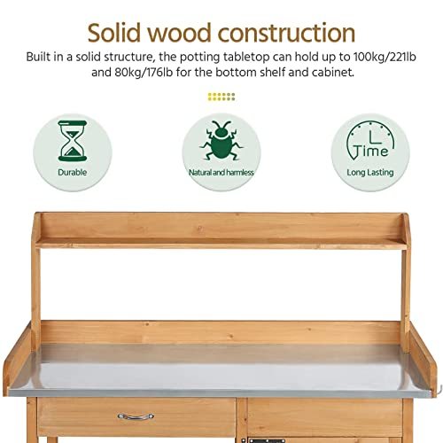 Yaheetech Outdoor Garden Potting Bench Table Work Bench Metal Tabletop W/Cabinet Drawer Open Shelf Natural Wood