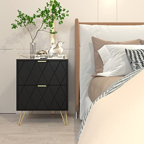 Anbuy Black Nightstand with Gold Handle, End Side Table with 2 Drawers