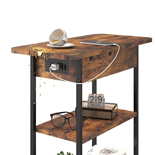 LIDYUK End Table with Charging Station, Flip Top Side Table with USB Ports and Outlets