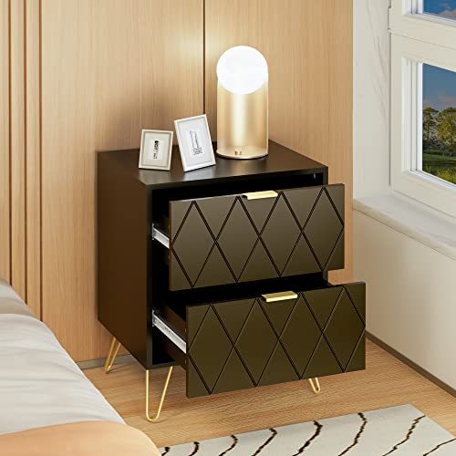 Anbuy Black Nightstand with Gold Handle, End Side Table with 2 Drawers