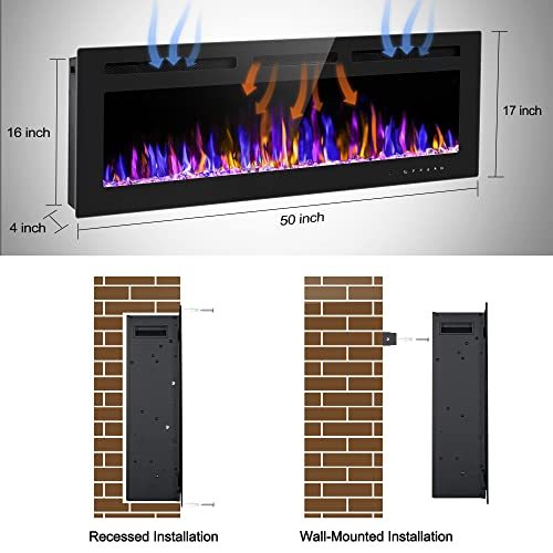 BETELNUT 50" Electric Fireplace Wall Mounted and Recessed with Remote Control