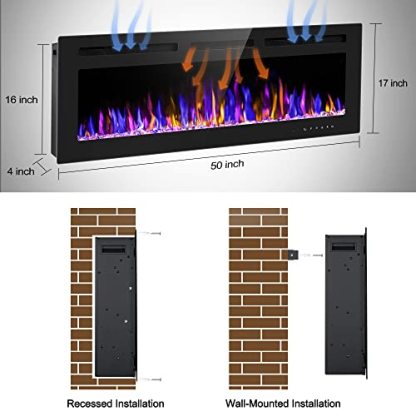 BETELNUT 50" Electric Fireplace Wall Mounted and Recessed with Remote Control