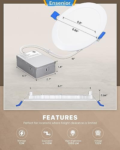 Ensenior 12 Pack 6 Inch Ultra-Thin LED Recessed Ceiling Light with Junction Box
