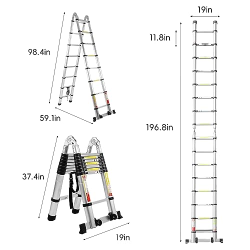 BOWEITI Telescoping Extension Ladder, 16.5FT Telescoping A Frame Ladder with Balance Bar