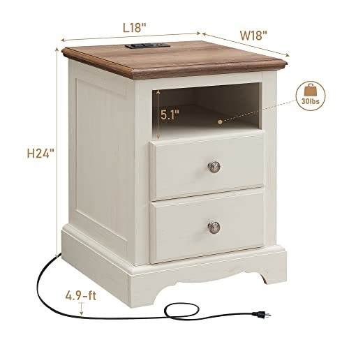 T4TREAM Nightstand with Charging Station, 18 Inch Vintage End Table with 2 Drawers