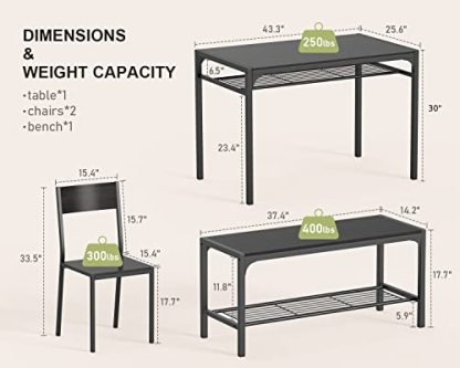 Gizoon Kitchen Table and 2 Chairs for 4 with Bench, 4 Piece Dining Table Set for Small Space
