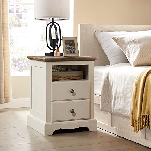 T4TREAM Nightstand with Charging Station, 18 Inch Vintage End Table with 2 Drawers