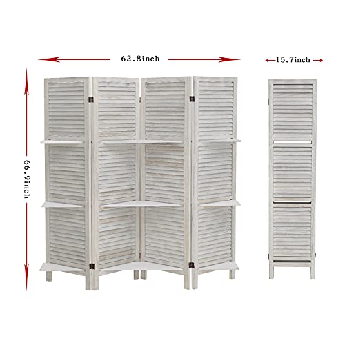 ECOMEX Room Divider 4 Panel, White with Shelves, Wall Dividers and Folding Privacy Screens
