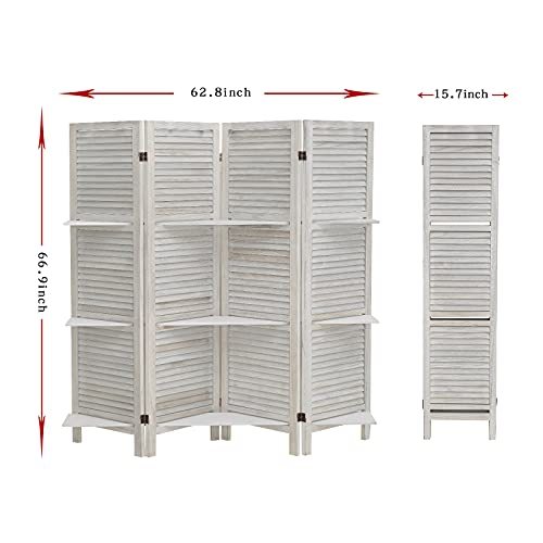 ECOMEX Room Divider 4 Panel, White with Shelves, Wall Dividers and Folding Privacy Screens