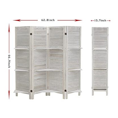 ECOMEX Room Divider 4 Panel, White with Shelves, Wall Dividers and Folding Privacy Screens