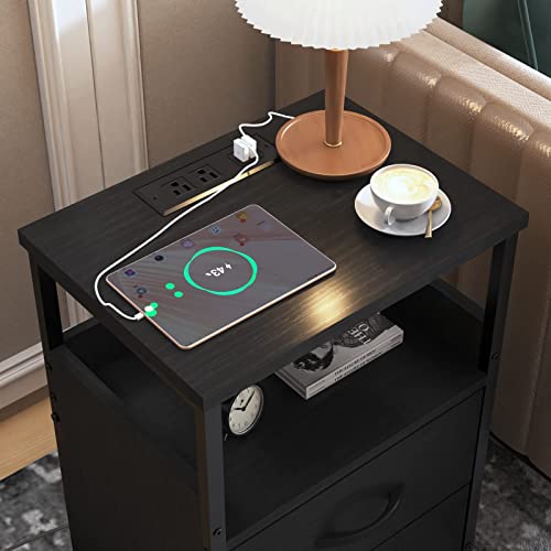 KHLJJU End Table with Charging Station, Nightstand with Fabric Drawer