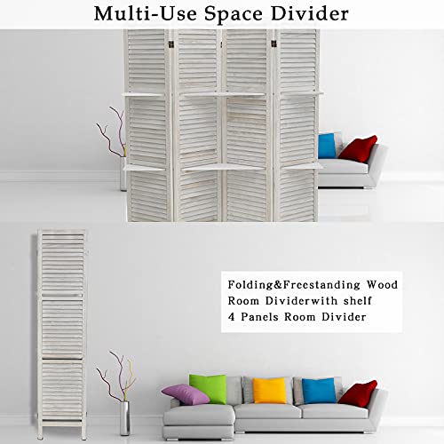 ECOMEX Room Divider 4 Panel, White with Shelves, Wall Dividers and Folding Privacy Screens