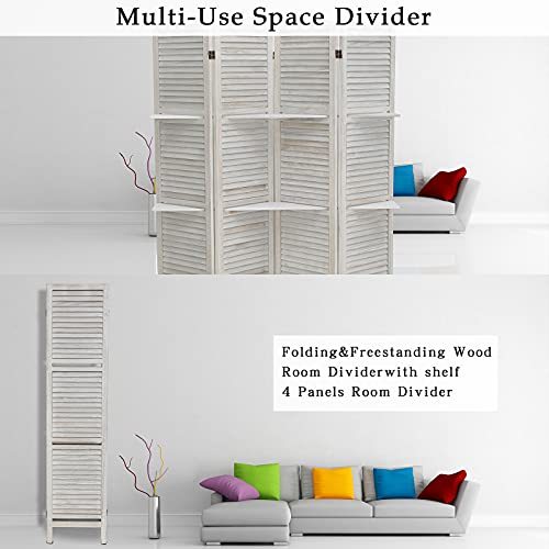 ECOMEX Room Divider 4 Panel, White with Shelves, Wall Dividers and Folding Privacy Screens