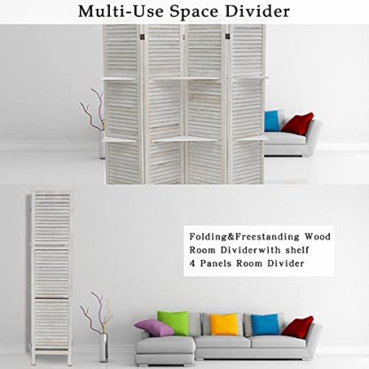 ECOMEX Room Divider 4 Panel, White with Shelves, Wall Dividers and Folding Privacy Screens