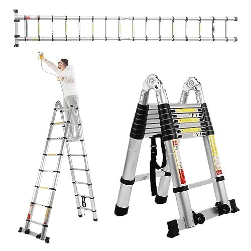 BOWEITI Telescoping Extension Ladder, 16.5FT Telescoping A Frame Ladder with Balance Bar