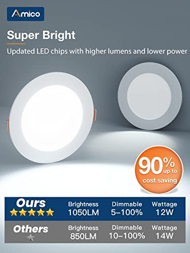 Amico 12 Pack 6 Inch 5CCT Ultra-Thin LED Recessed Ceiling Light with Junction Box