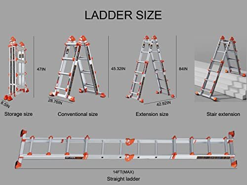 LANBITOU Ladder, A Frame 4 Step Ladder Extension, 14 FT Anti-Slip Multi Position Ladder