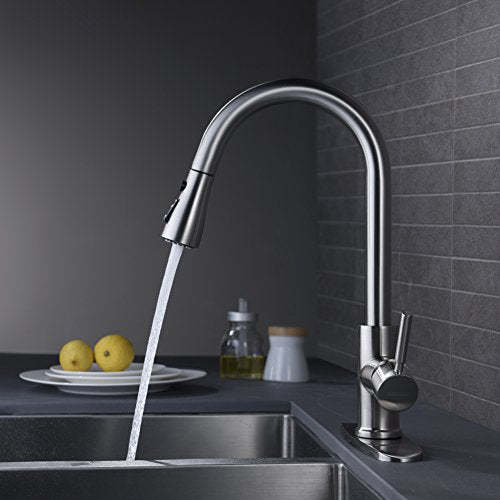 WEWE Single Handle High Arc Brushed Nickel Pull Out Kitchen Faucet, Single Level