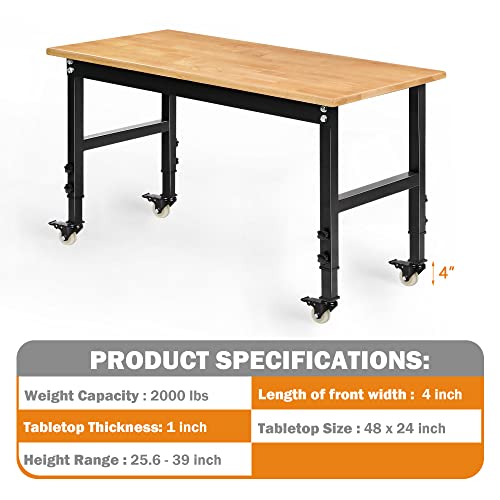 Betterhood 48" Heavy-Duty Adjustable Workbench for Garage, Rubber Wood Shop Table
