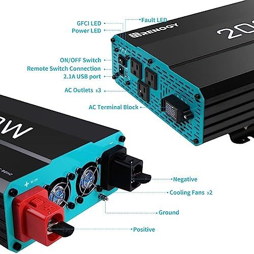 Renogy 2000W Pure Sine Wave Inverter 12V DC to 120V AC Converter for Home, RV