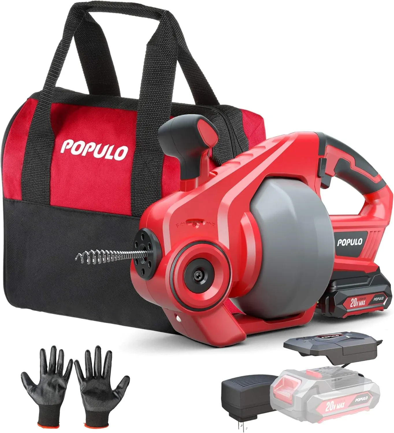POPULO Electric Drain Auger,25Ft Plumbing Snake Drain Clog Remover Tools, Cordless Drain Cleaner