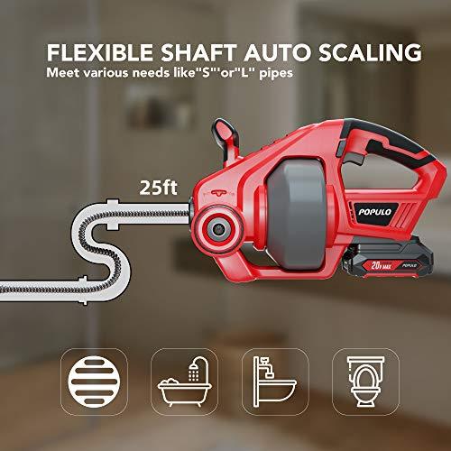 POPULO Electric Drain Auger,25Ft Plumbing Snake Drain Clog Remover Tools, Cordless Drain Cleaner