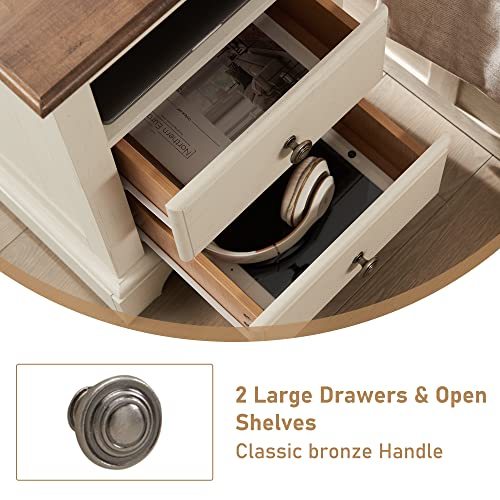 T4TREAM Nightstand with Charging Station, 18 Inch Vintage End Table with 2 Drawers