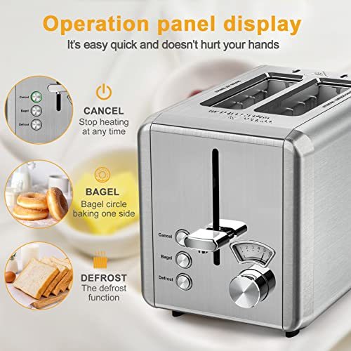 whall Toaster 2 slice Stainless Steel Toasters with Bagel, Cancel, Defrost Function, for Various Bread Types