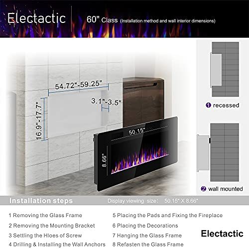 Electactic 60 inches Electric Fireplace Recessed and Wall Mounted, Fireplace Heater