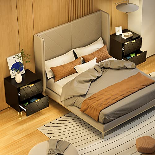Anbuy Black Nightstand with Gold Handle, End Side Table with 2 Drawers