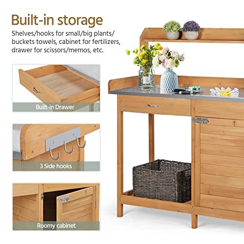 Yaheetech Outdoor Garden Potting Bench Table Work Bench Metal Tabletop W/Cabinet Drawer Open Shelf Natural Wood
