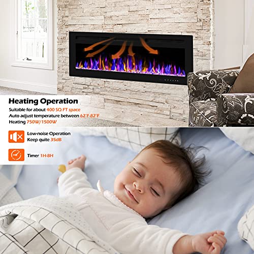 BETELNUT 50" Electric Fireplace Wall Mounted and Recessed with Remote Control