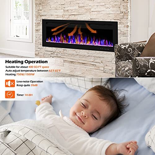 BETELNUT 50" Electric Fireplace Wall Mounted and Recessed with Remote Control