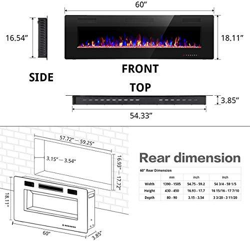R.W.FLAME 60" Recessed and Wall Mounted Electric Fireplace, Remote Control with Timer