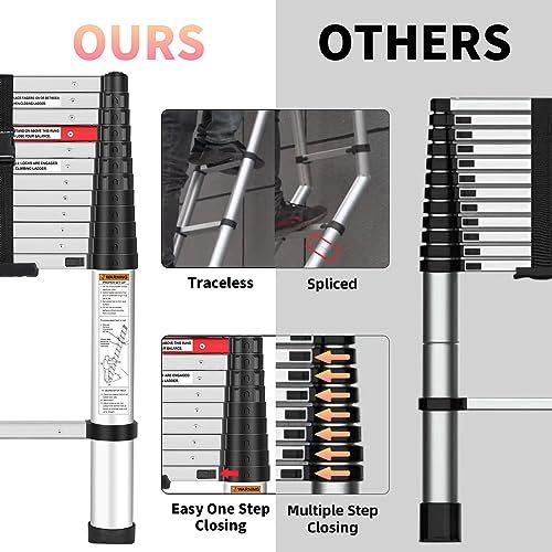 Yvan Telescoping Ladder,12.5 FT One Button Retraction Aluminum Telescopic Extension Ladder