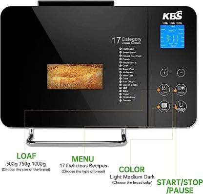 KBS Large 17-in-1 Bread Machine, 2LB Stainless Steel, Auto Fruit Nut Dispenser