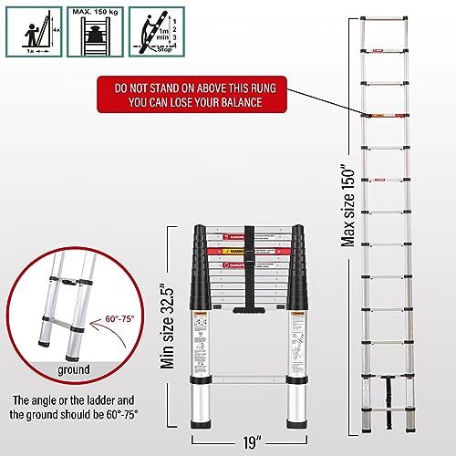 Yvan Telescoping Ladder,12.5 FT One Button Retraction Aluminum Telescopic Extension Ladder