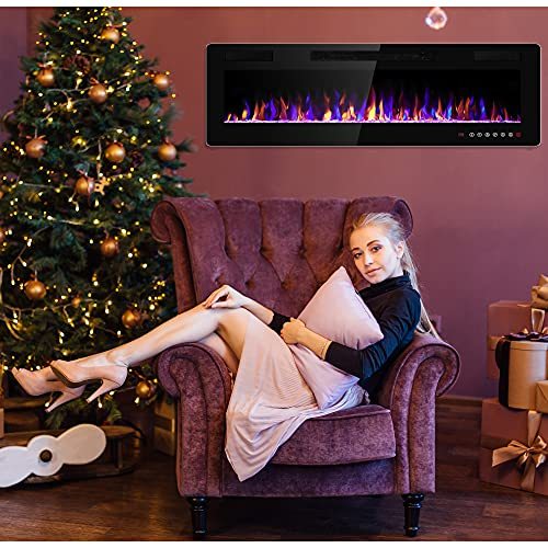 Electactic 60 inches Electric Fireplace Recessed and Wall Mounted, Fireplace Heater