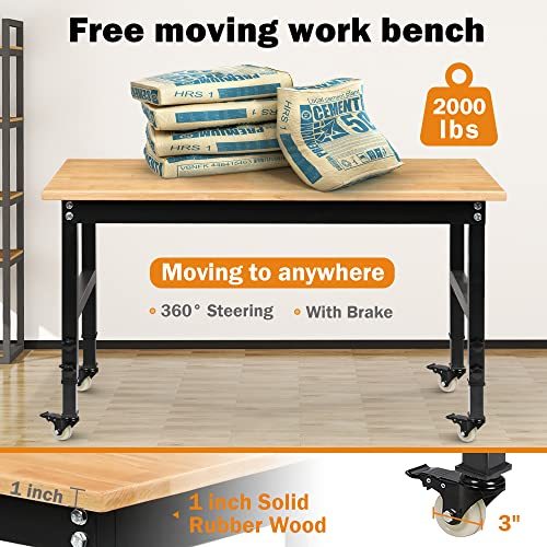 Betterhood 48" Heavy-Duty Adjustable Workbench for Garage, Rubber Wood Shop Table