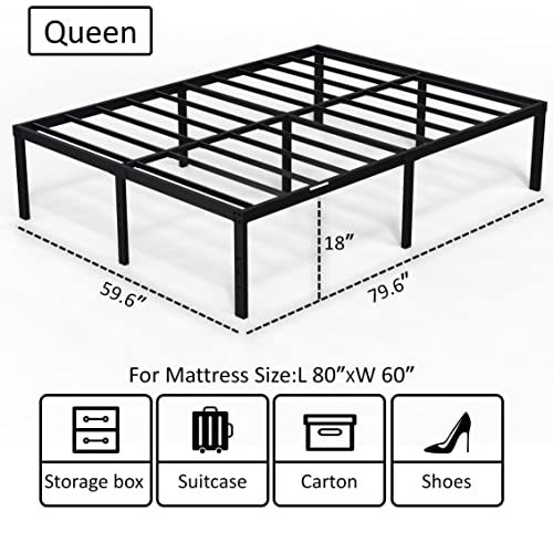 EMODA Queen Bed Frame No Box Spring Needed 18 Inch Heavy Duty Metal Tall Platform Bed Frame