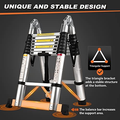 Telescoping Ladder A Frame, 16.5 Ft Compact Aluminum Extension Ladder, Portable