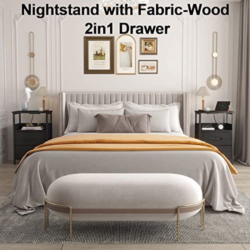 KHLJJU End Table with Charging Station, Nightstand with Fabric Drawer