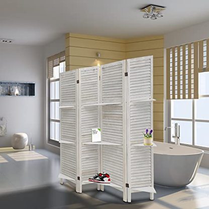 ECOMEX Room Divider 4 Panel, White with Shelves, Wall Dividers and Folding Privacy Screens